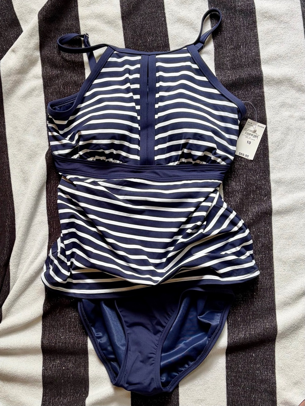 Lands' End Navy and White Striped Two Piece Tankini Style High Waist bottoms